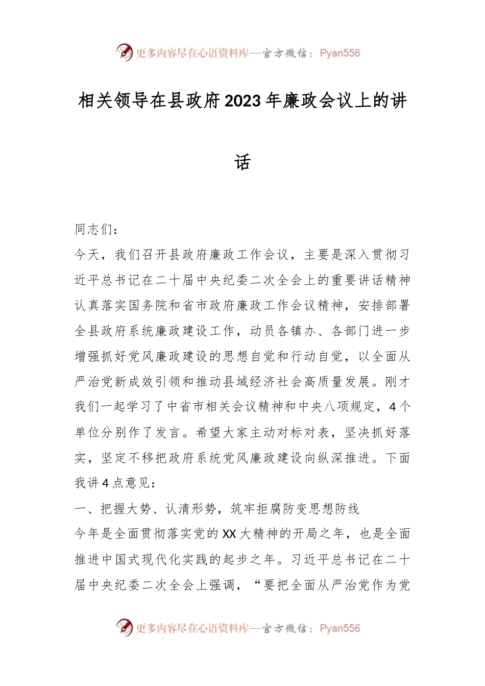 相关领导在县政府2023年廉政会议上的讲话.docx_第1页