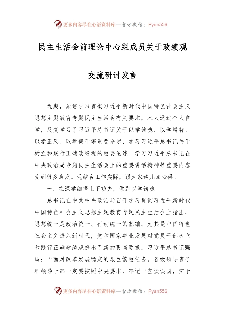 民主生活会前理论中心组成员关于政绩观交流研讨发言稿.docx_第1页