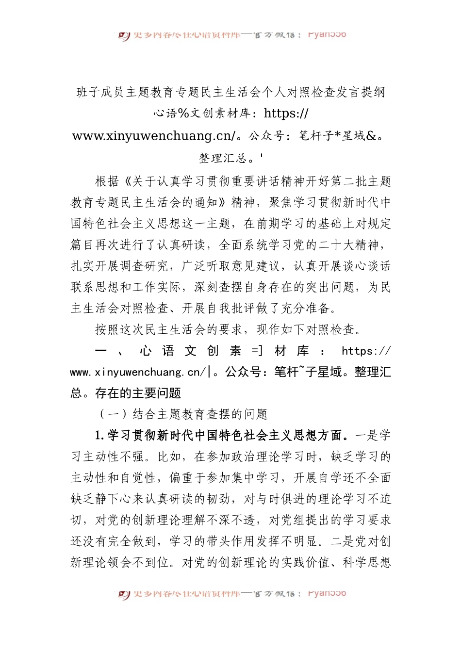 班子成员主题教育专题民主生活会个人对照检查发言提纲.docx_第1页