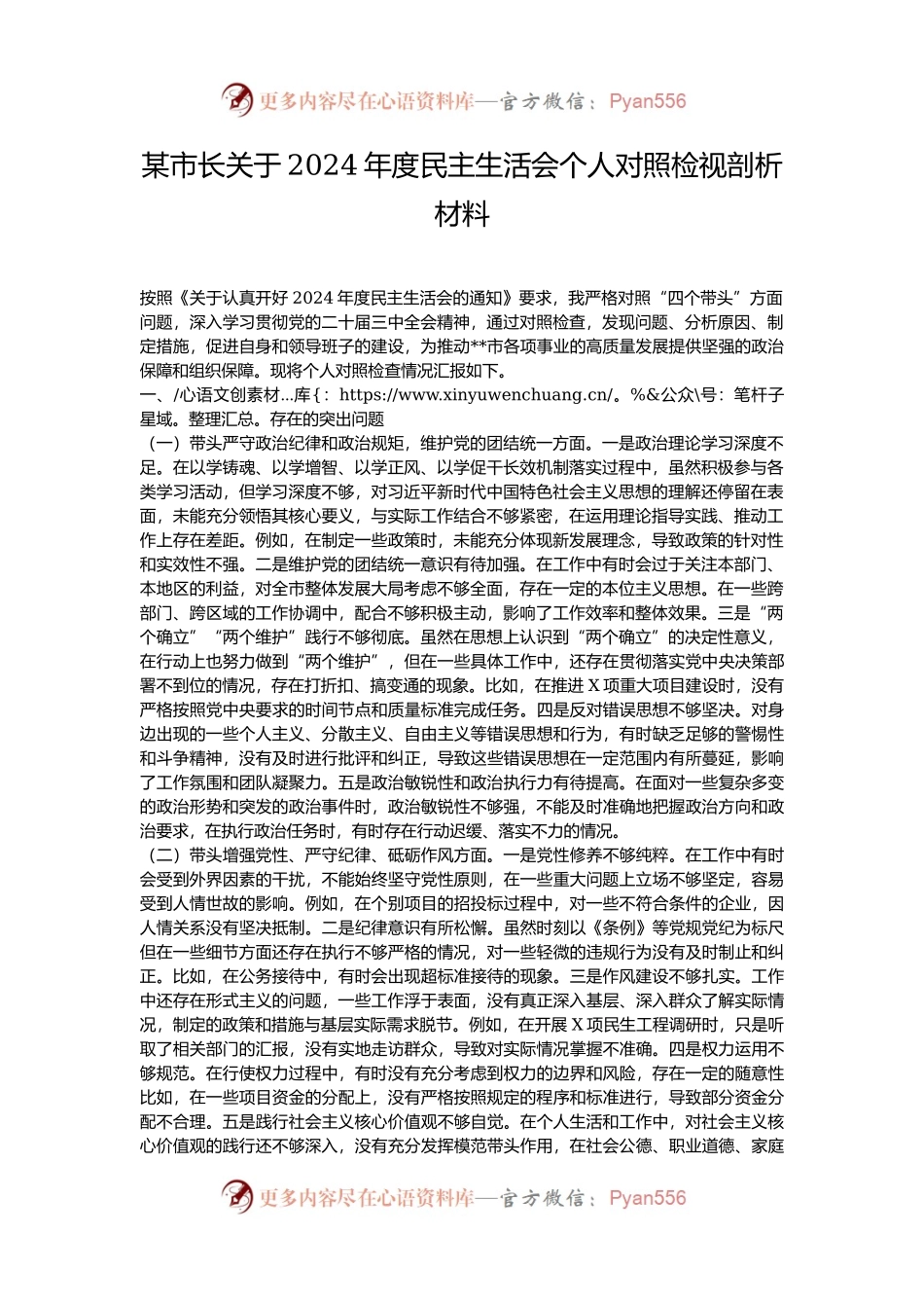 某市长关于2024年度民主生活会个人对照检视剖析材料.docx_第1页