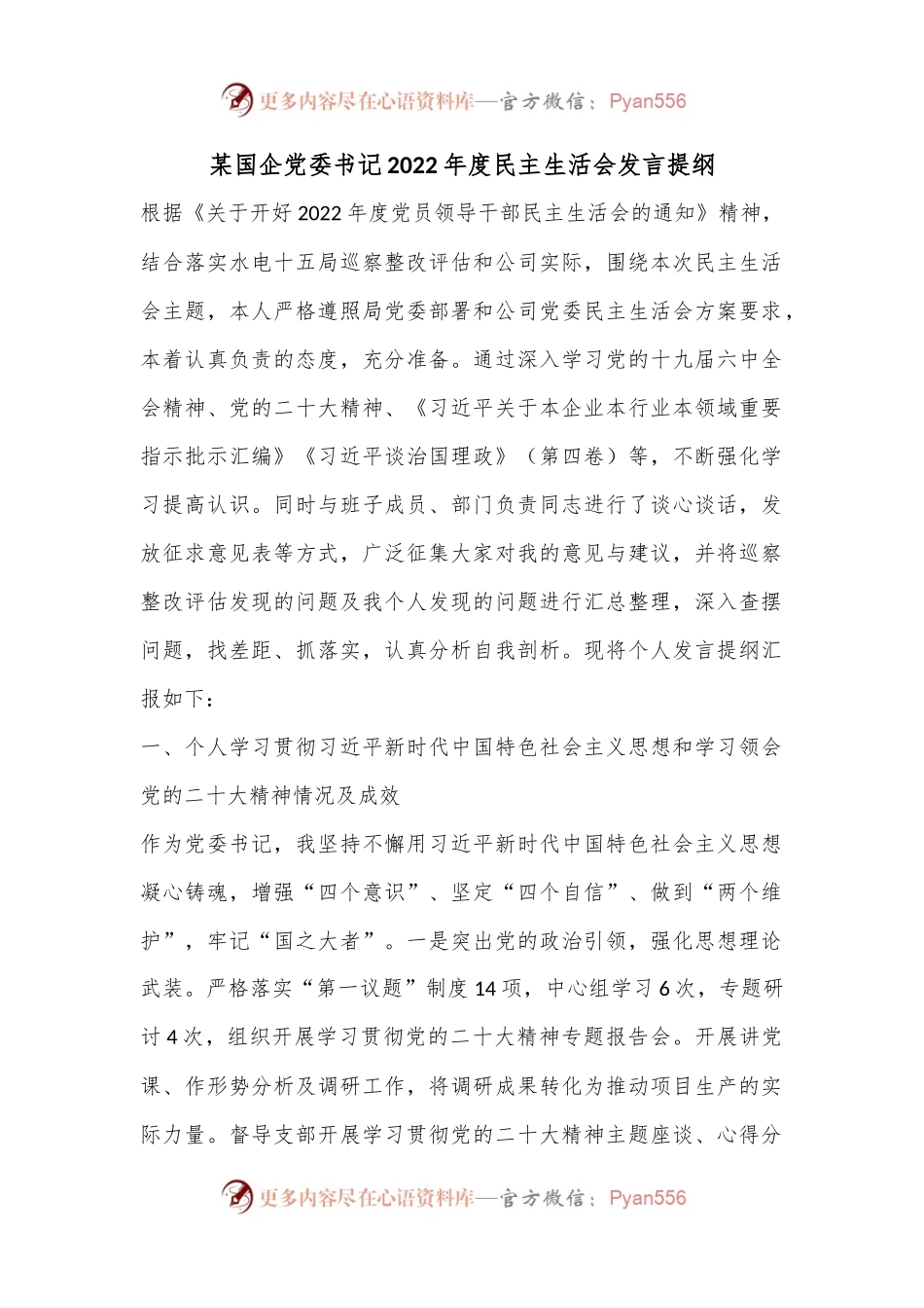 某国企党委书记2022年度民主生活会发言提纲.docx_第1页