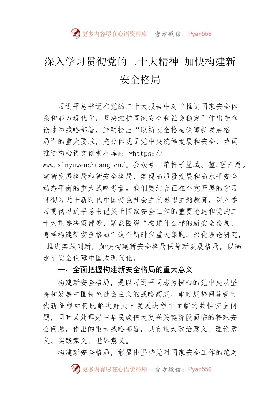 深入学习贯彻党的二十大精神 加快构建新安全格局(20230424).docx_第1页