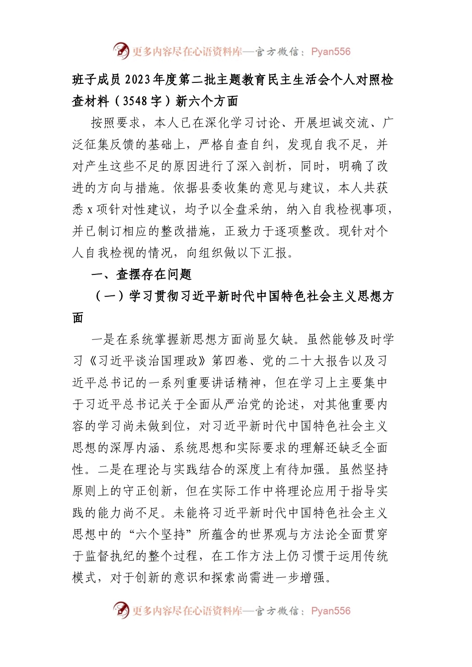 班子成员2023年度第二批主题教育民主生活会个人对照检查材料（践行宗旨等6个方面）.docx_第1页