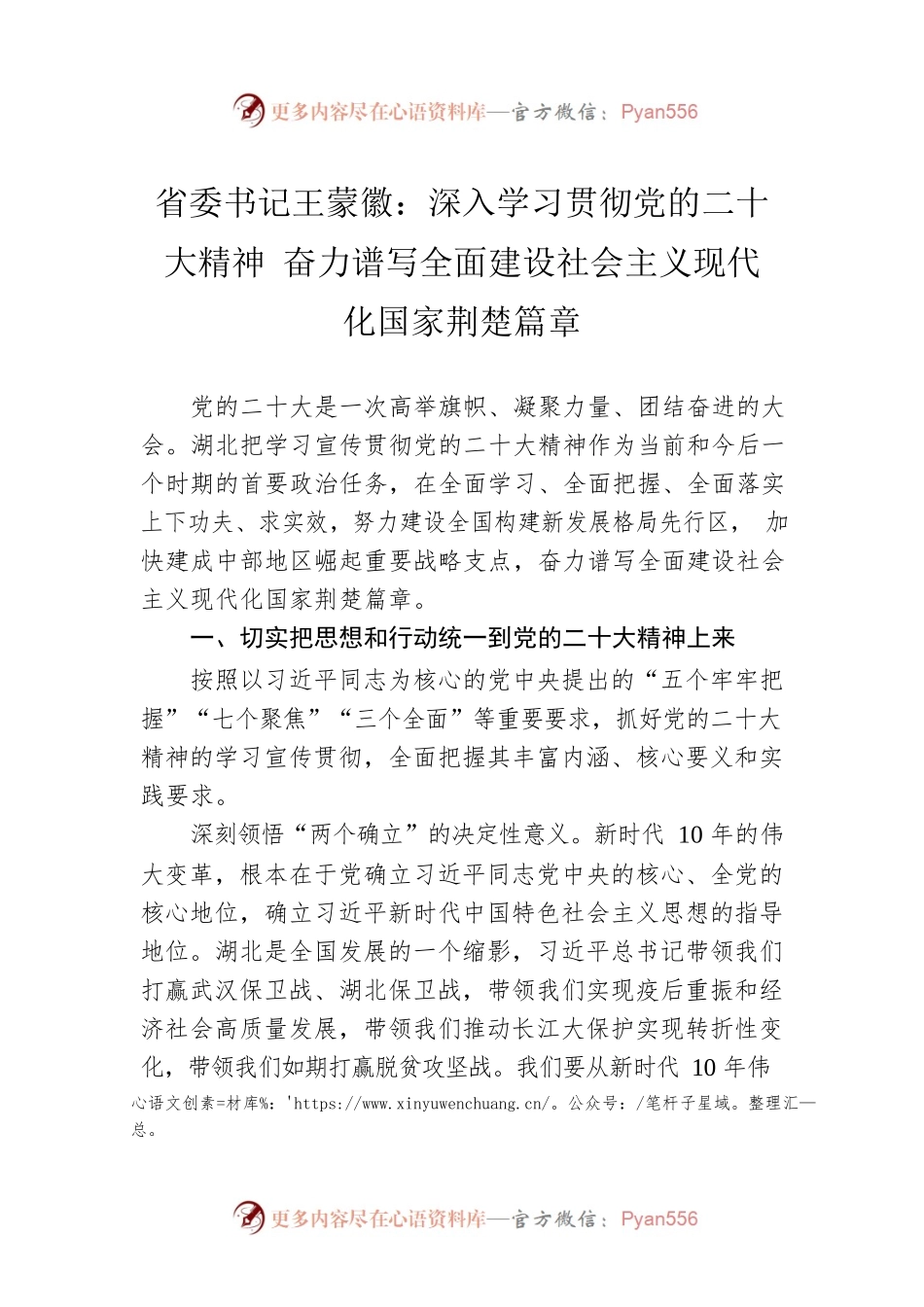 省委书记王蒙徽：深入学习贯彻党的二十大精神 奋力谱写全面建设社会主义现代化国家荆楚篇章（20230104）.docx_第1页
