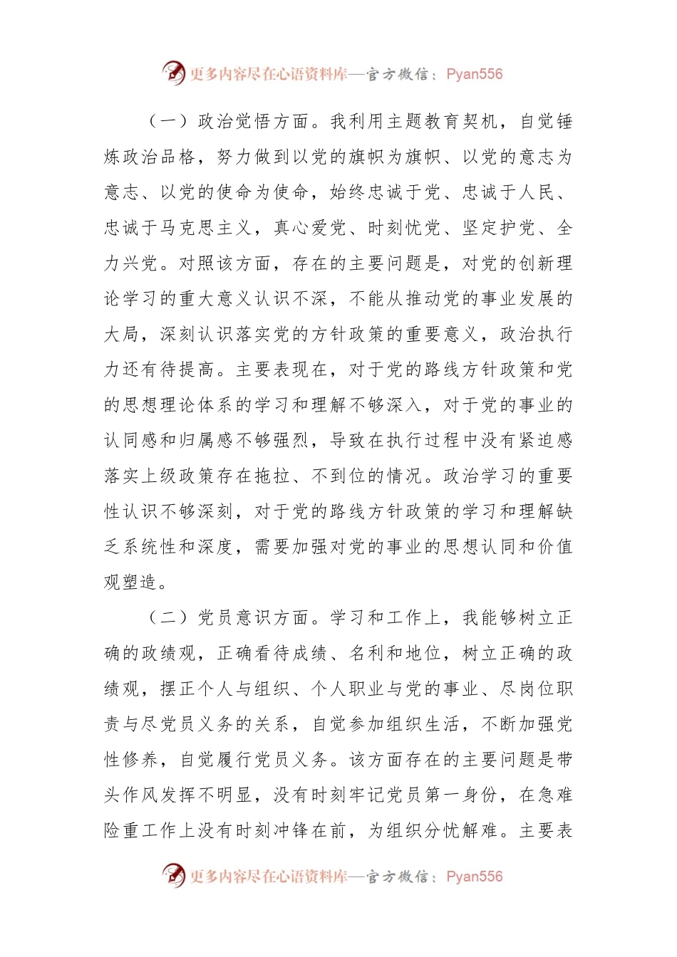 第二批2023年度主题教育组织生活会个人检查材料（党性分析，政治觉悟、党员意识、为民服务、道德操守、对照作用发挥，发言提纲，检视剖析）.docx_第2页