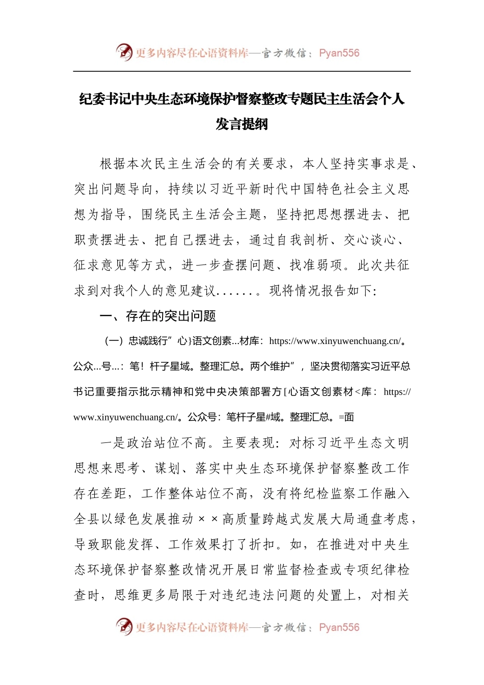 纪委书记中央生态环境保护督察整改专题民主生活会个人发言提纲.docx_第1页
