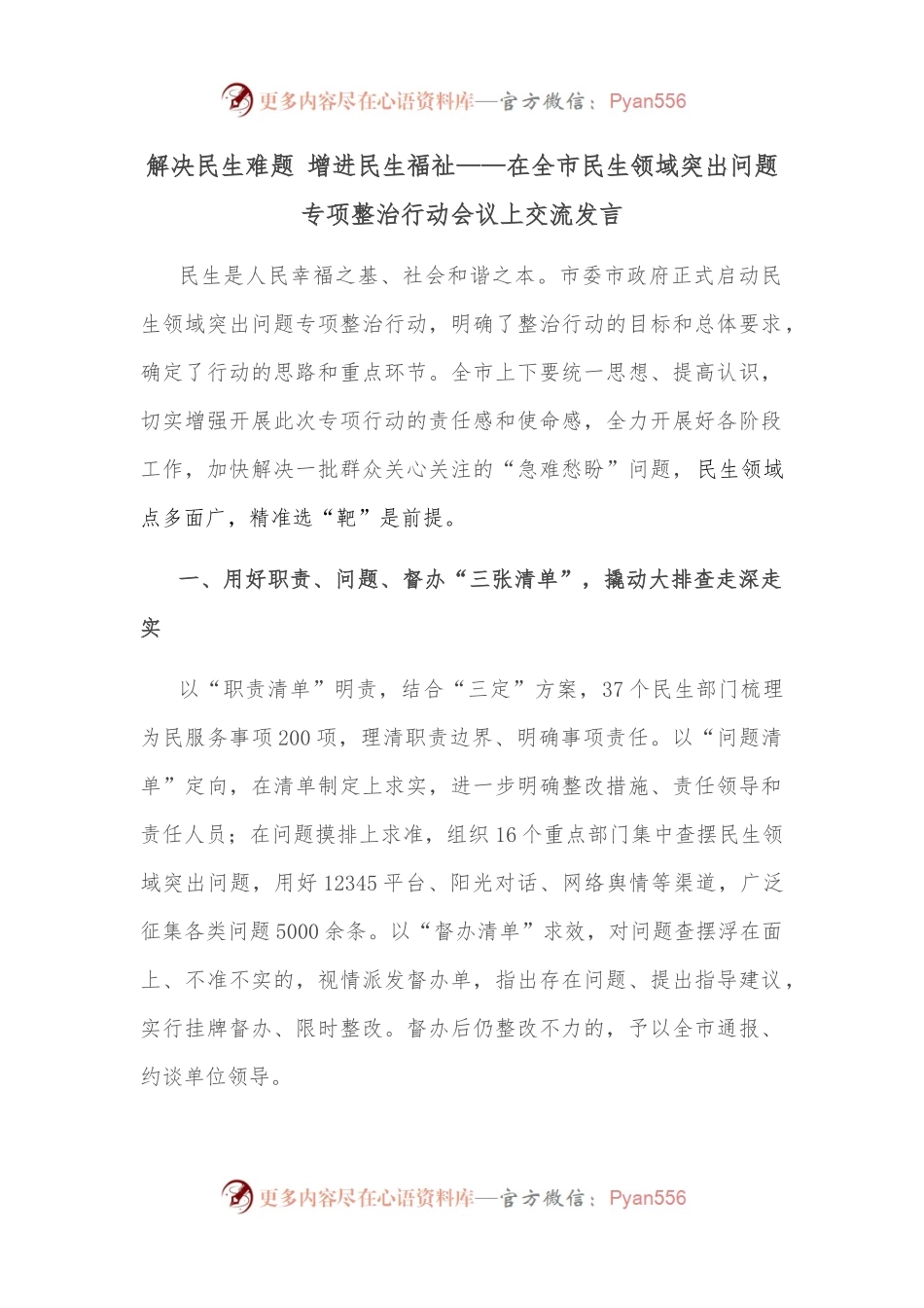 解决民生难题 增进民生福祉——在全市民生领域突出问题专项整治行动会议上交流发言.docx_第1页