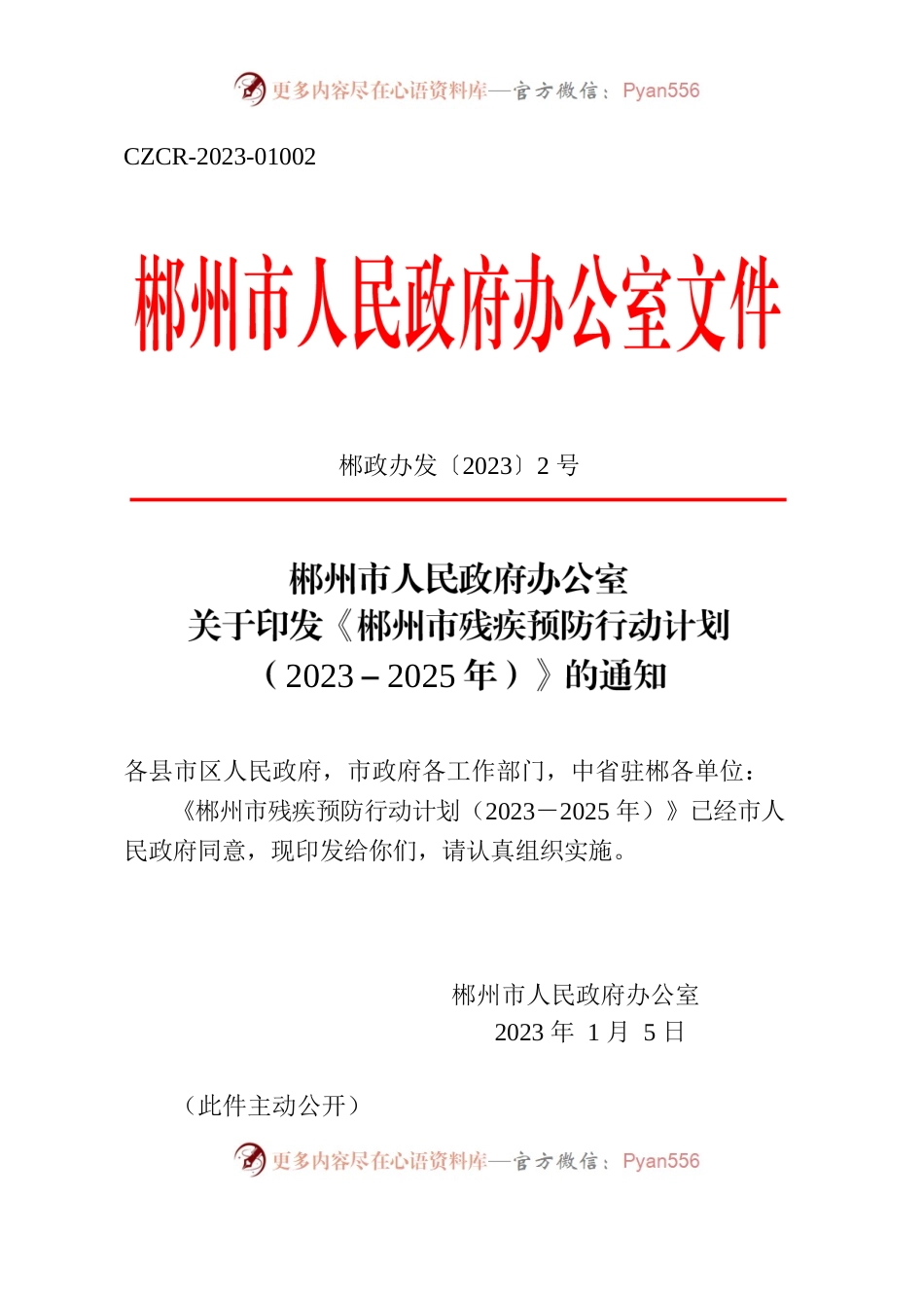郴州市人民政府办公室关于印发《郴州市残疾预防行动计划（2023－2025年）》的通知.docx_第1页