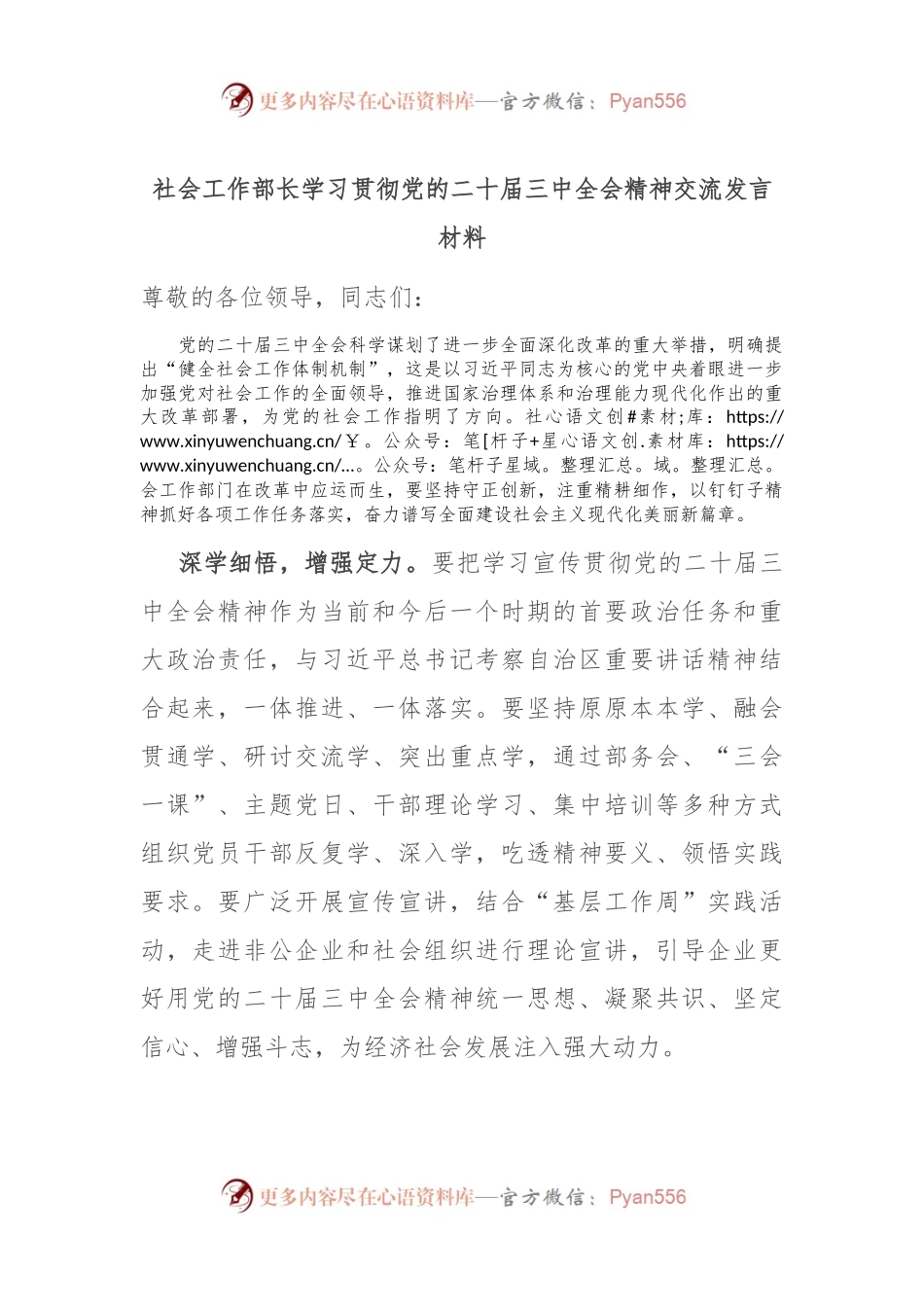社会工作部长学习贯彻党的二十届三中全会精神交流发言材料.docx_第1页