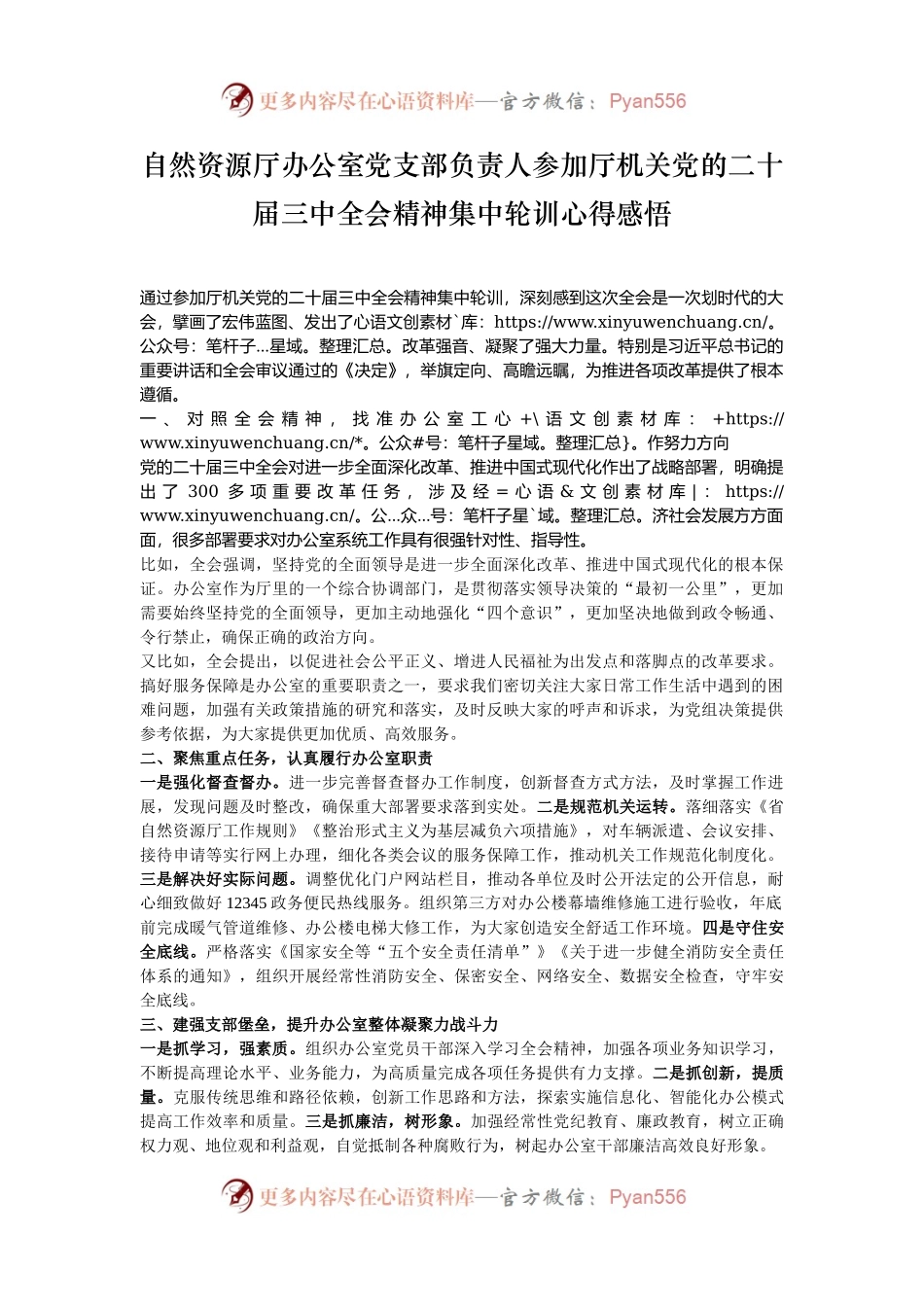 自然资源厅办公室党支部负责人参加厅机关党的二十届三中全会精神集中轮训心得感悟.docx_第1页