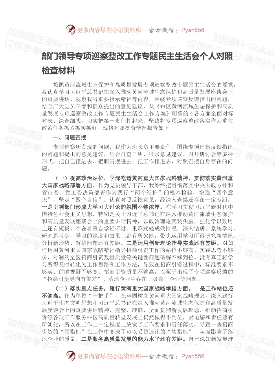 部门领导专项巡察整改工作专题民主生活会个人对照检查材料.docx_第1页
