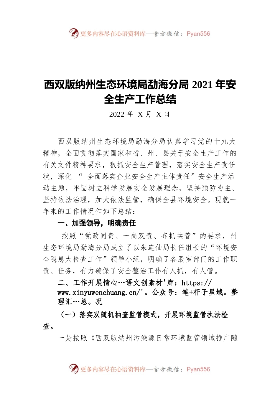 西双版纳州生态环境局勐海分局2021年安全生产工作总结（20220407）.docx_第1页