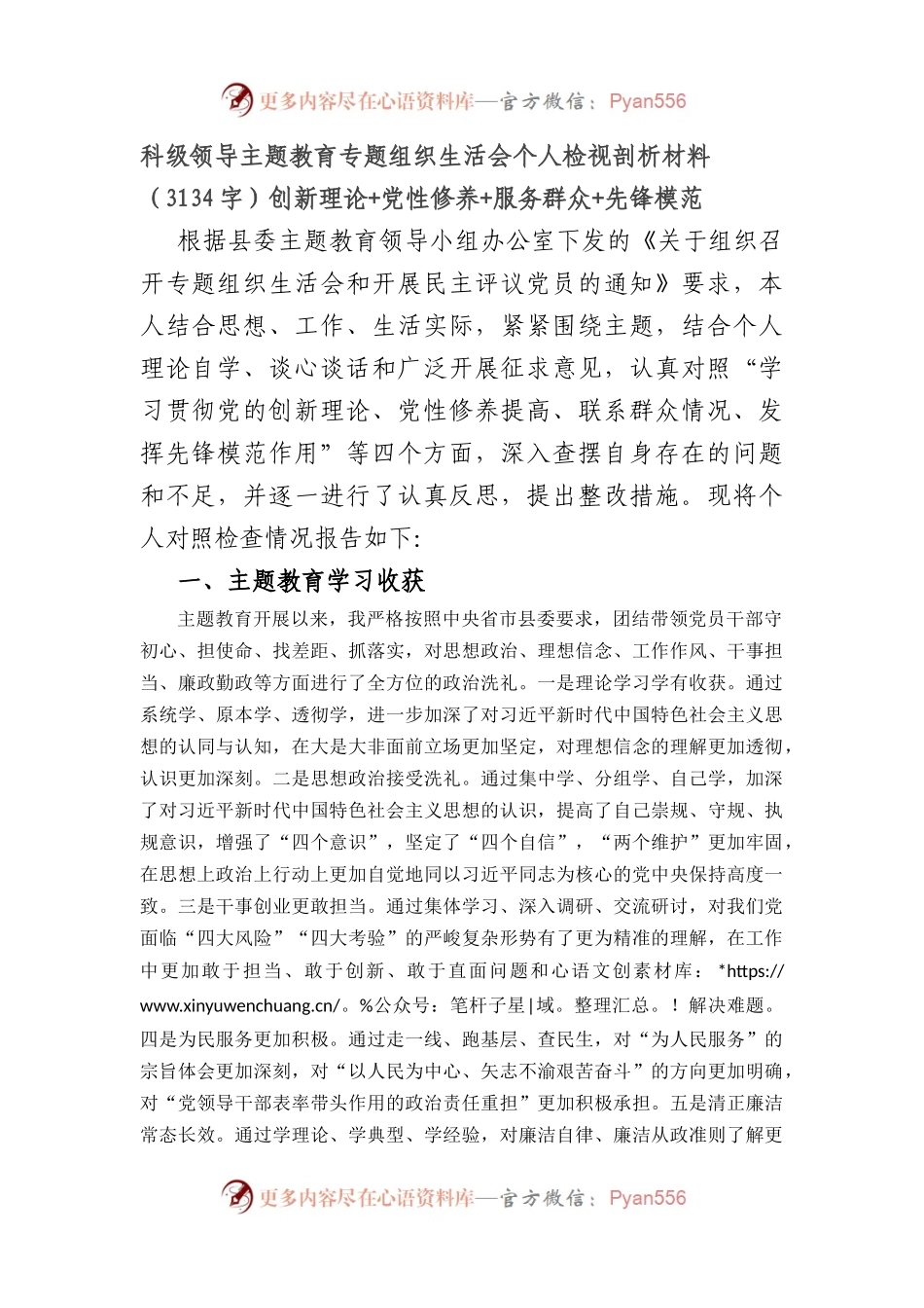 科级领导主题教育专题组织生活会个人检视剖析材料（创新理论+党性修养+服务群众+先锋模范.docx_第1页