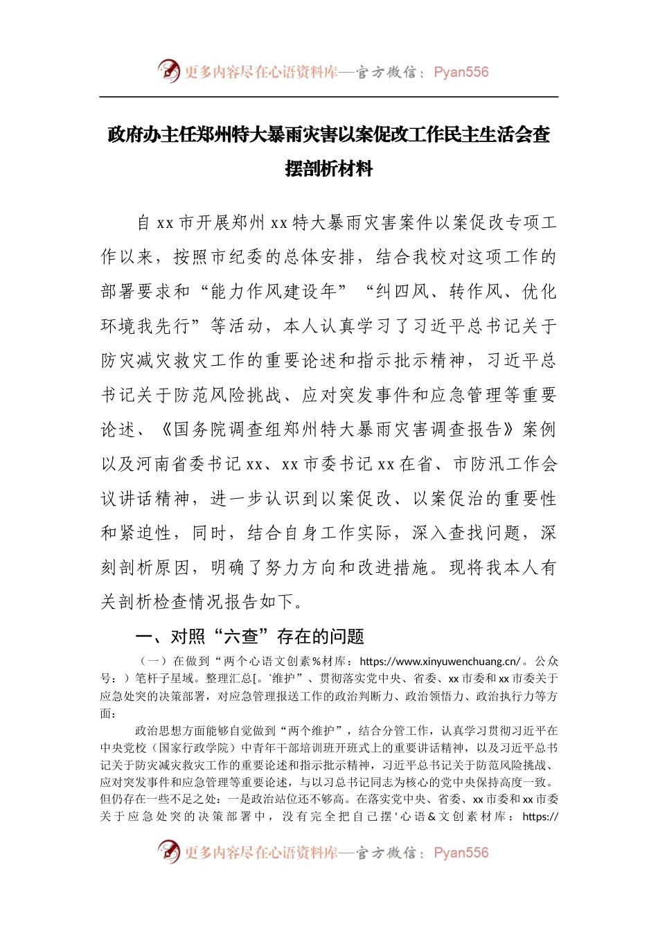 郑州特大暴雨灾害以案促改工作民主生活会查摆剖析.docx_第1页