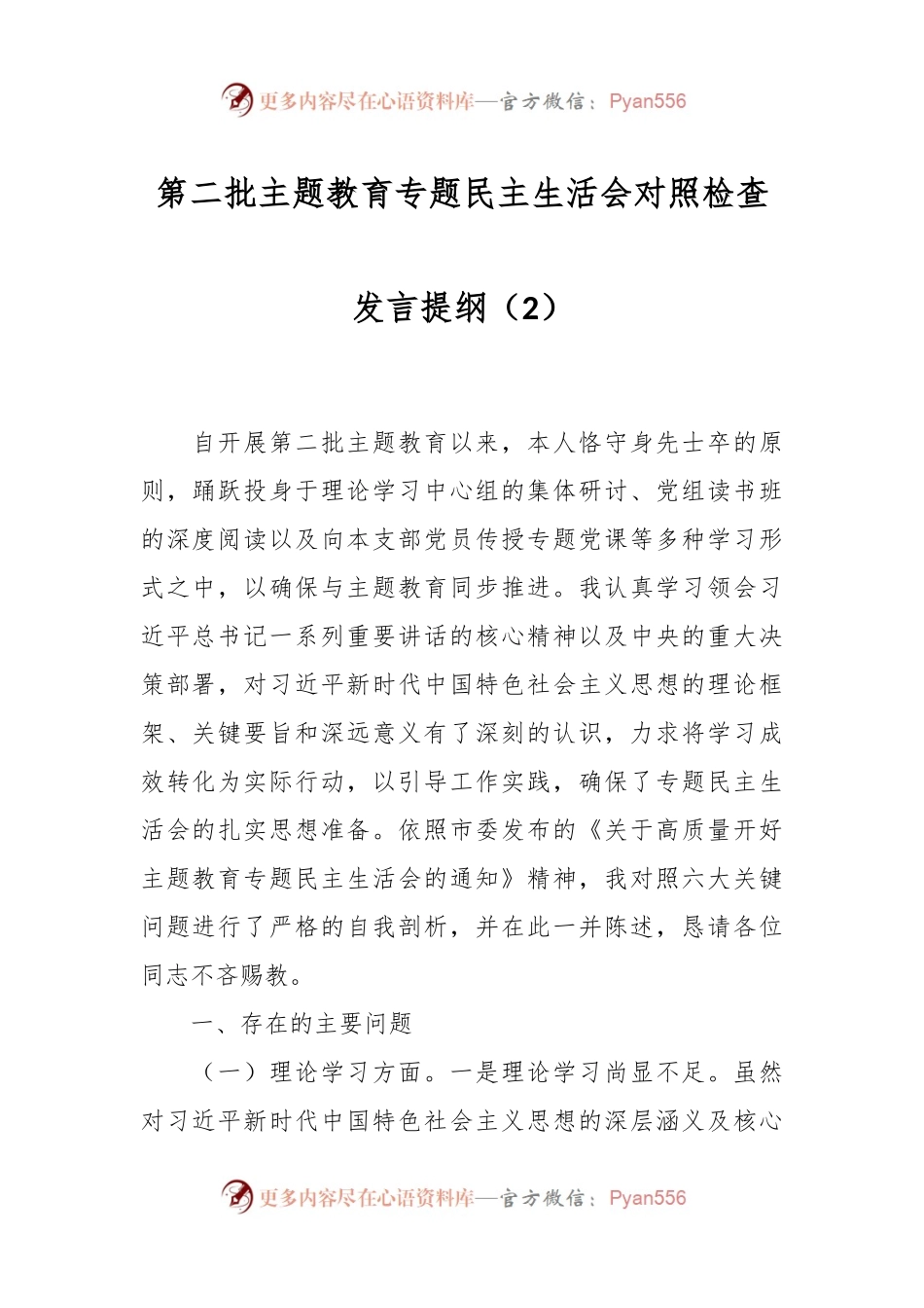 第二批主题教育专题民主生活会对照检查发言稿提纲（2）.docx_第1页