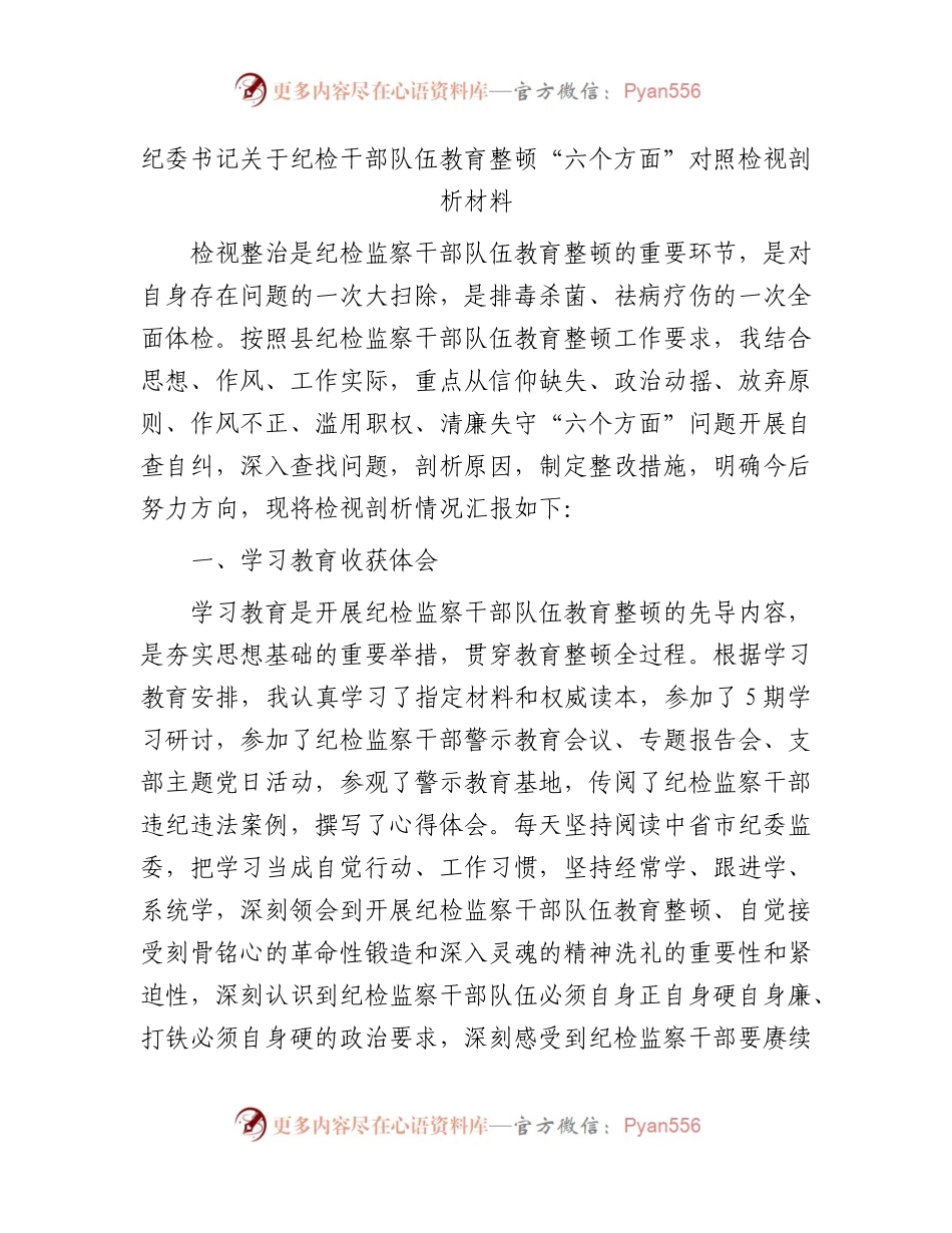 纪检干部队伍教育整顿“六个方面”对照检视剖析3200字（纪委书记）.docx_第1页