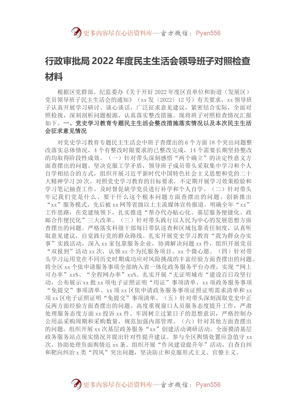 行政审批局2022年度民主生活会领导班子对照检查材料.docx_第1页