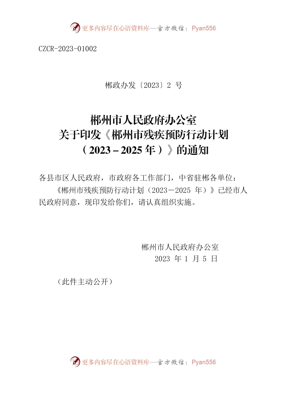 郴州市人民政府办公室关于印发《郴州市残疾预防行动计划 （2023－2025年）》的通知.docx_第1页