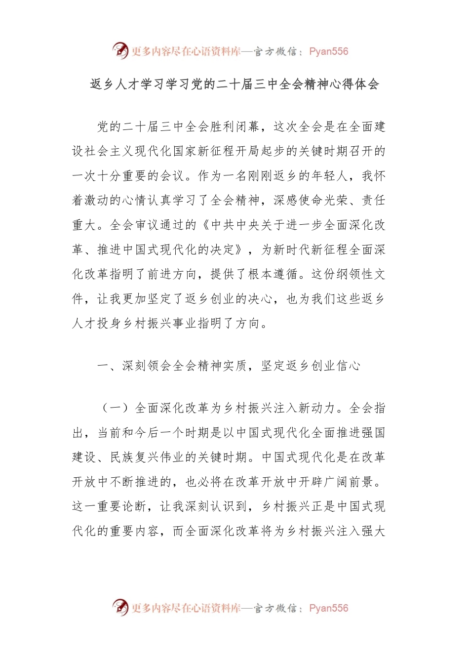 返乡人才学习学习党的二十届三中全会精神心得体会.docx_第1页
