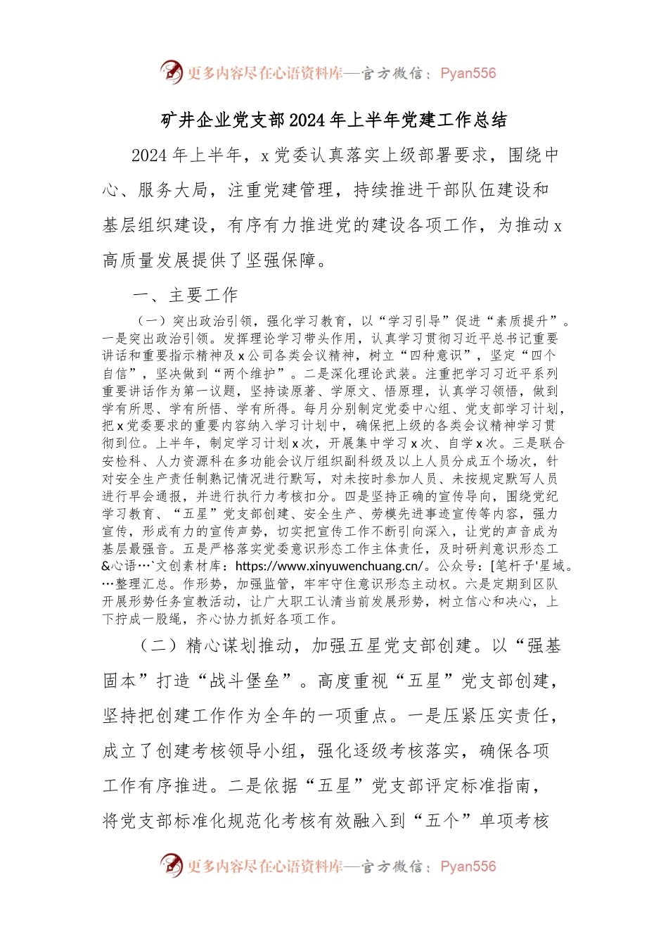 矿井企业党支部2024年上半年党建工作总结.docx_第1页