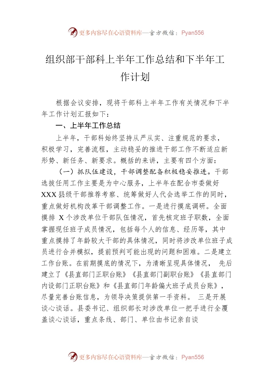 组织部干部科上半年工作总结和下半年工作计划.docx_第1页
