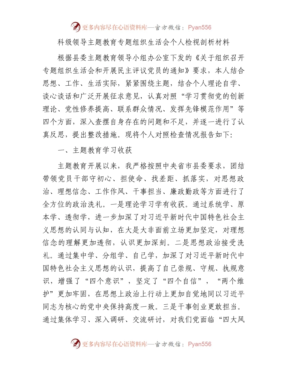 科级领导主题教育专题组织生活会个人检视剖析材料.docx_第1页