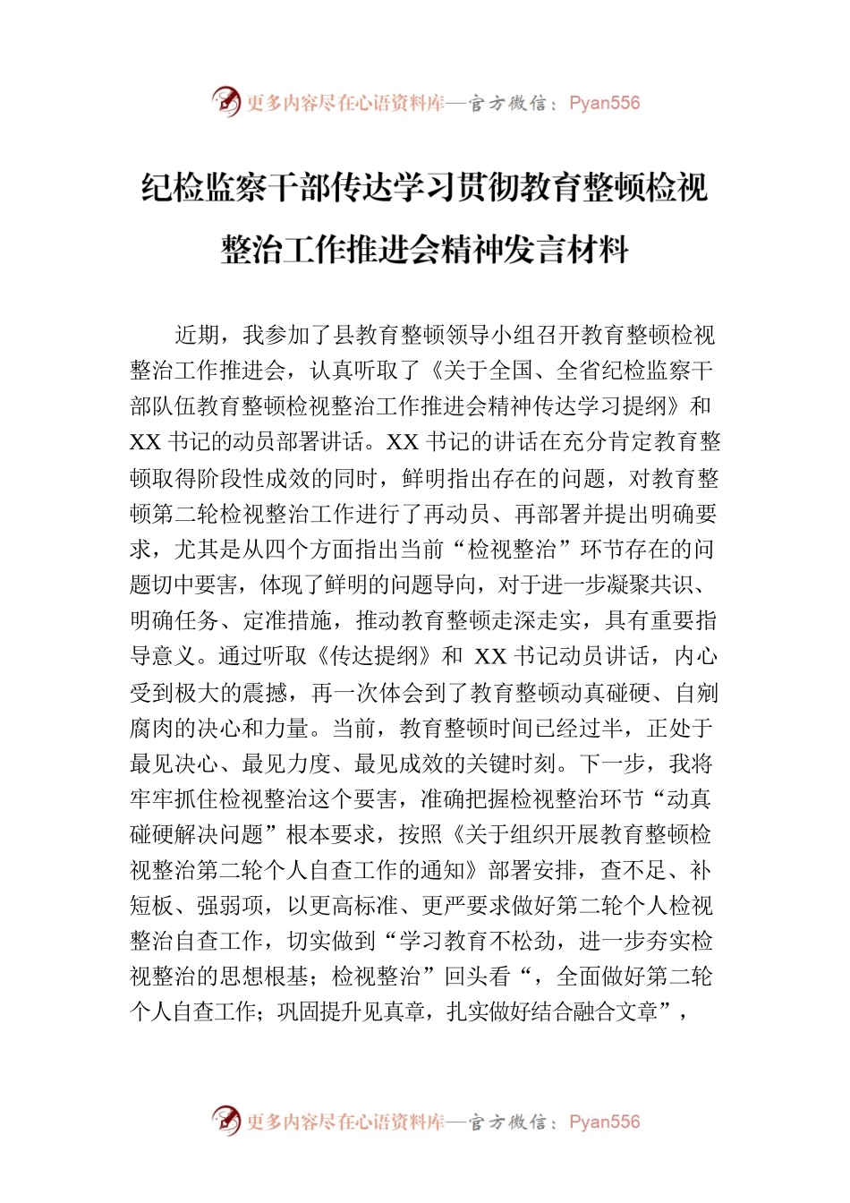 纪检监察干部传达学习贯彻教育整顿检视整治工作推进会精神发言材料.docx_第1页