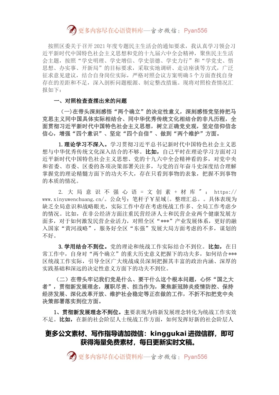 统战部长2021年党史学习教育五个带头民主生活会个人对照检查材料.docx_第1页