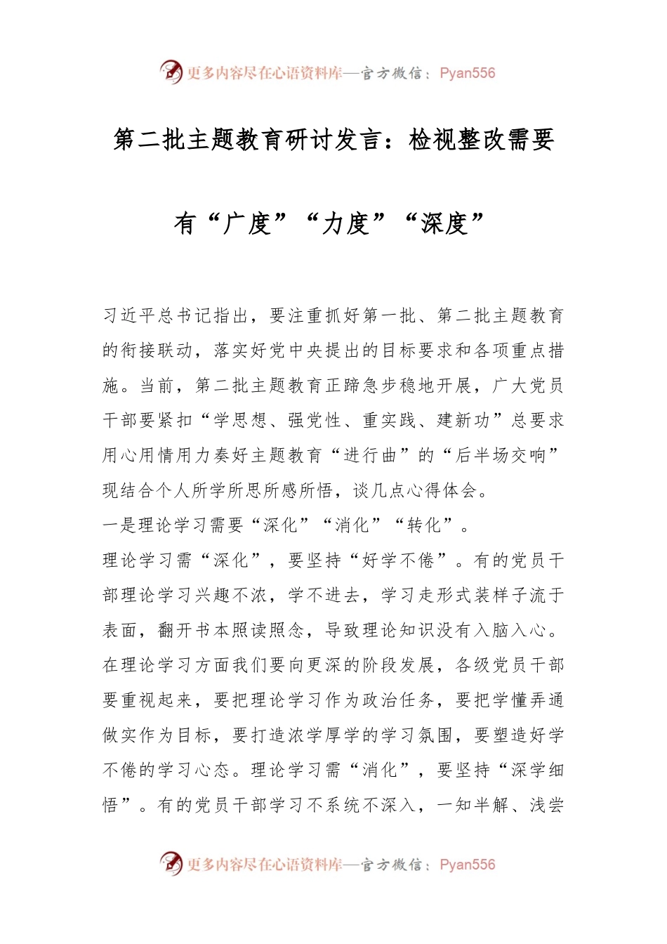 第二批主题教育研讨发言：检视整改需要有“广度”“力度”“深度”.docx_第1页