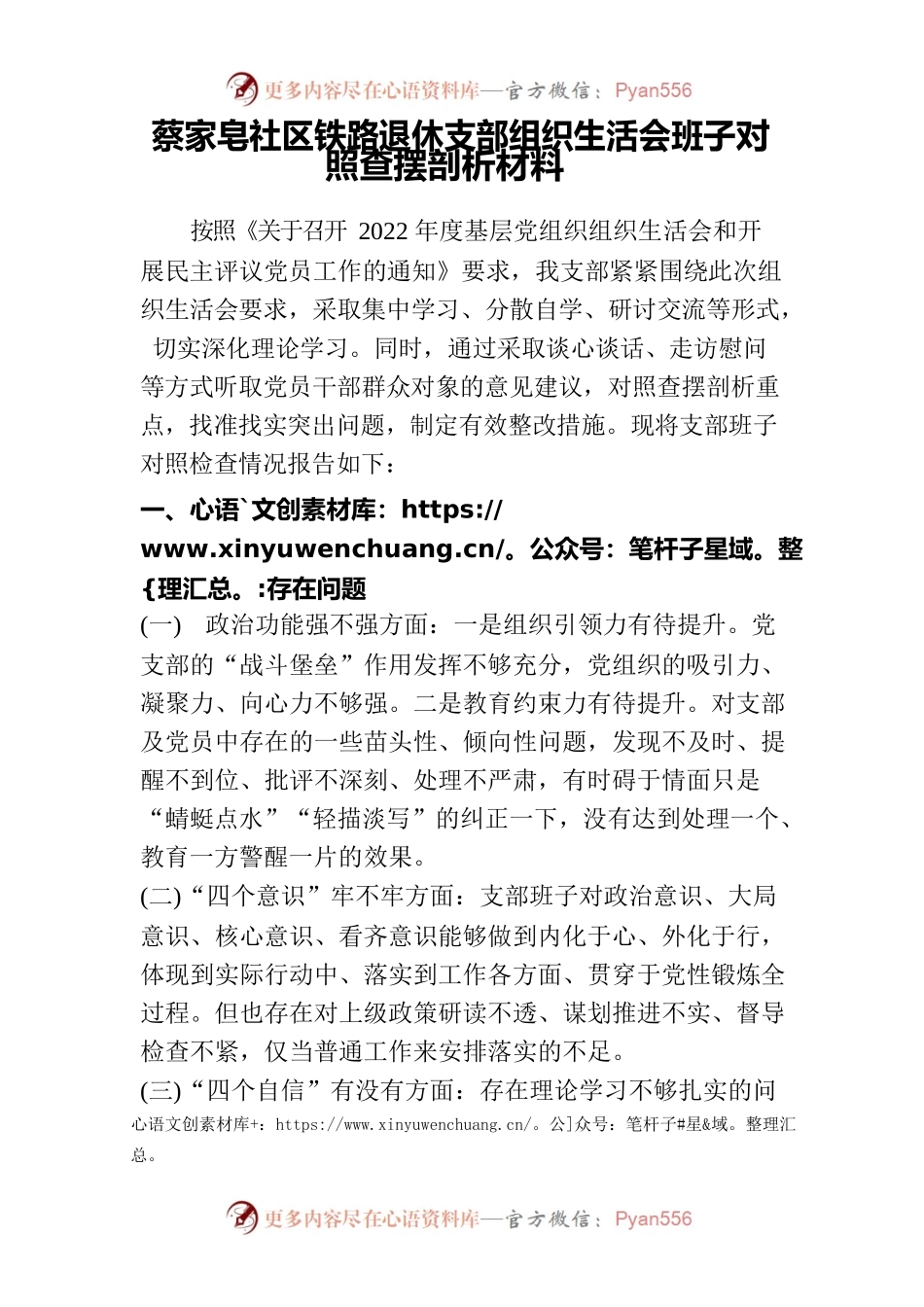 社区铁路退休支部组织生活会班子对照查摆剖析材料.docx_第1页
