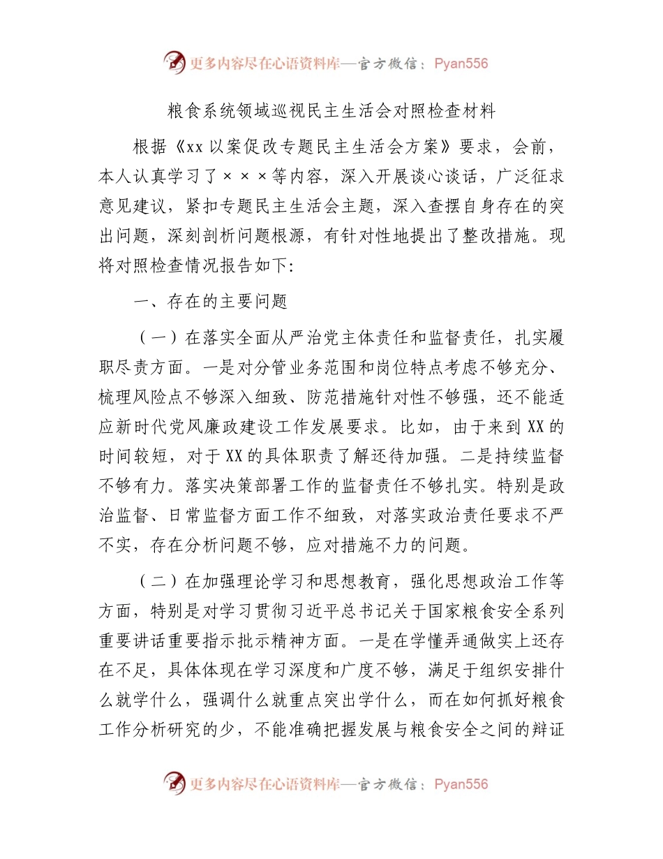 粮食系统领域巡视巡察民主生活会个人对照检查3900字（含批评意见）.docx_第1页