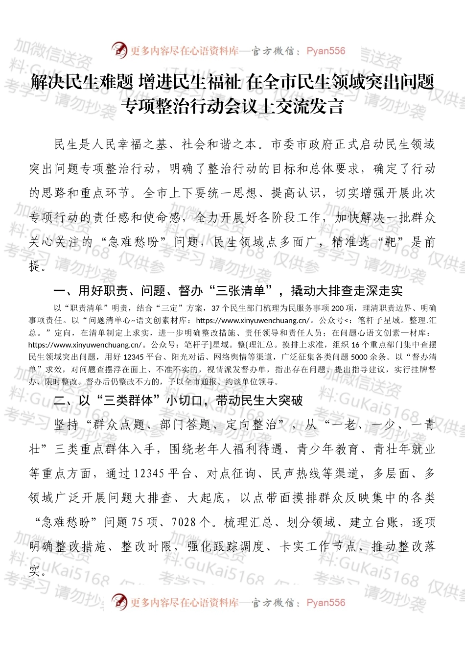 解决民生难题 增进民生福祉 在全市民生领域突出问题专项整治行动会议上交流发言.docx_第1页