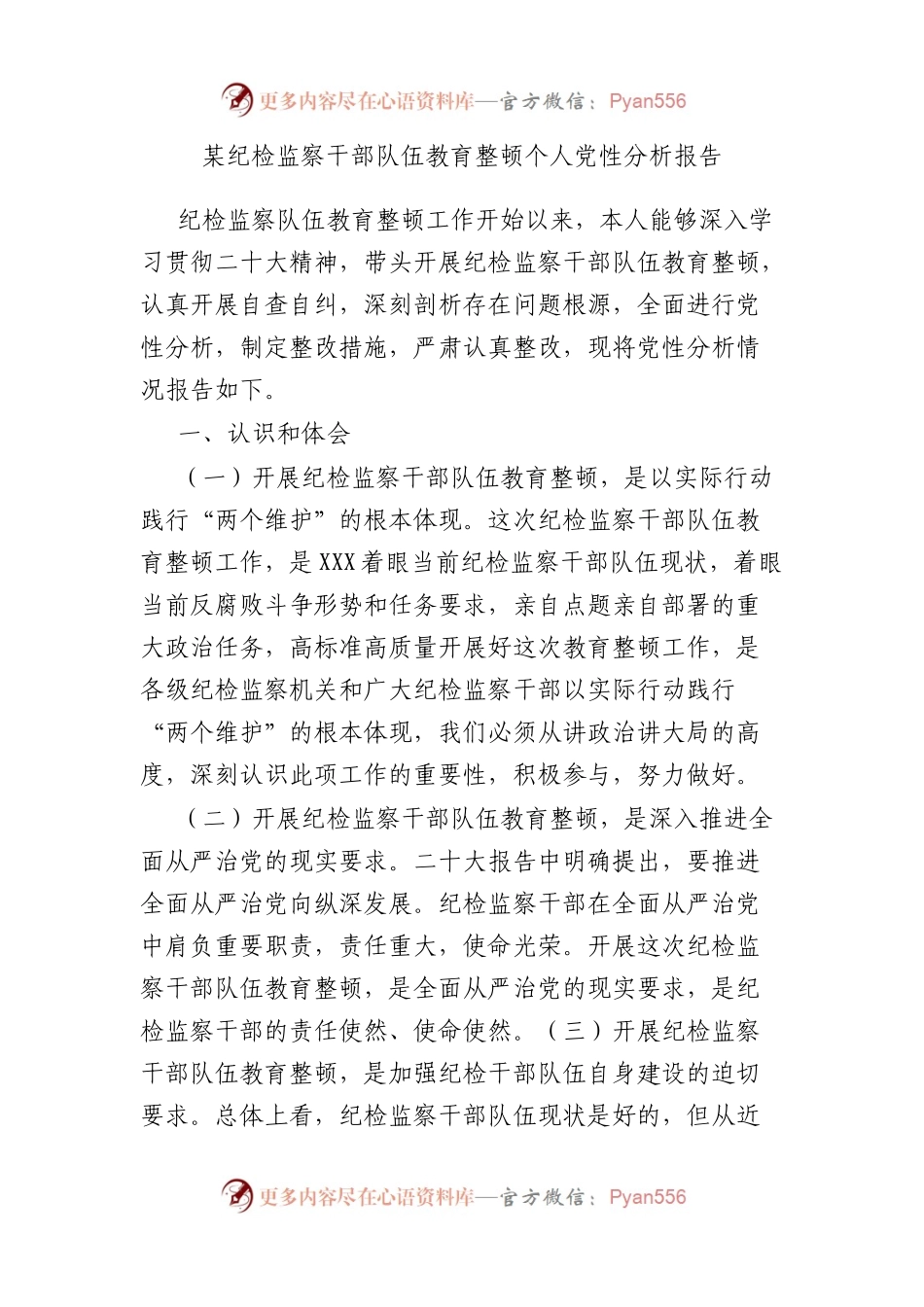 纪检监察干部队伍教育整顿个人党性分析报告.docx_第1页