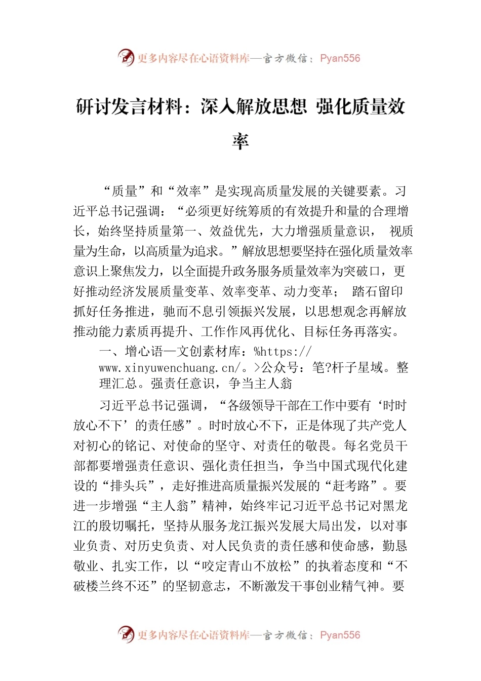 研讨发言材料：深入解放思想 强化质量效率.docx_第1页