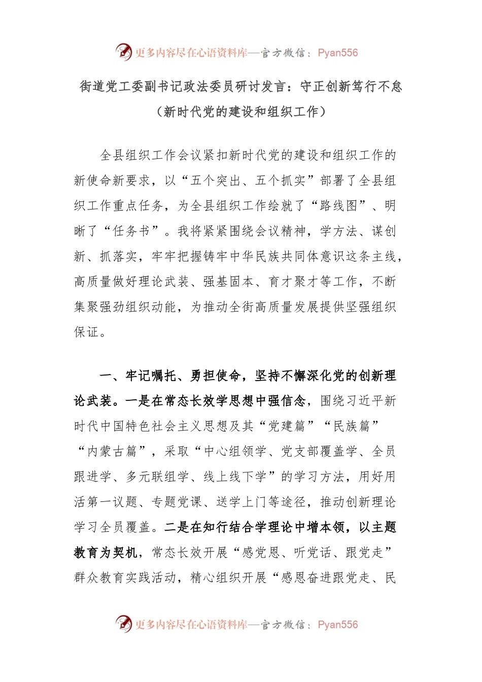 街道党工委副书记政法委员研讨发言：守正创新笃行不怠（新时代党的建设和组织工作）.docx_第1页
