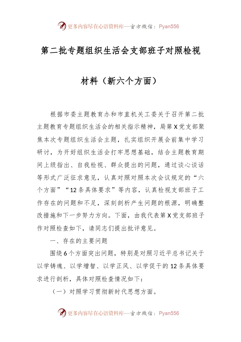 第二批专题组织生活会支部班子对照检视材料（新六个方面）.docx_第1页