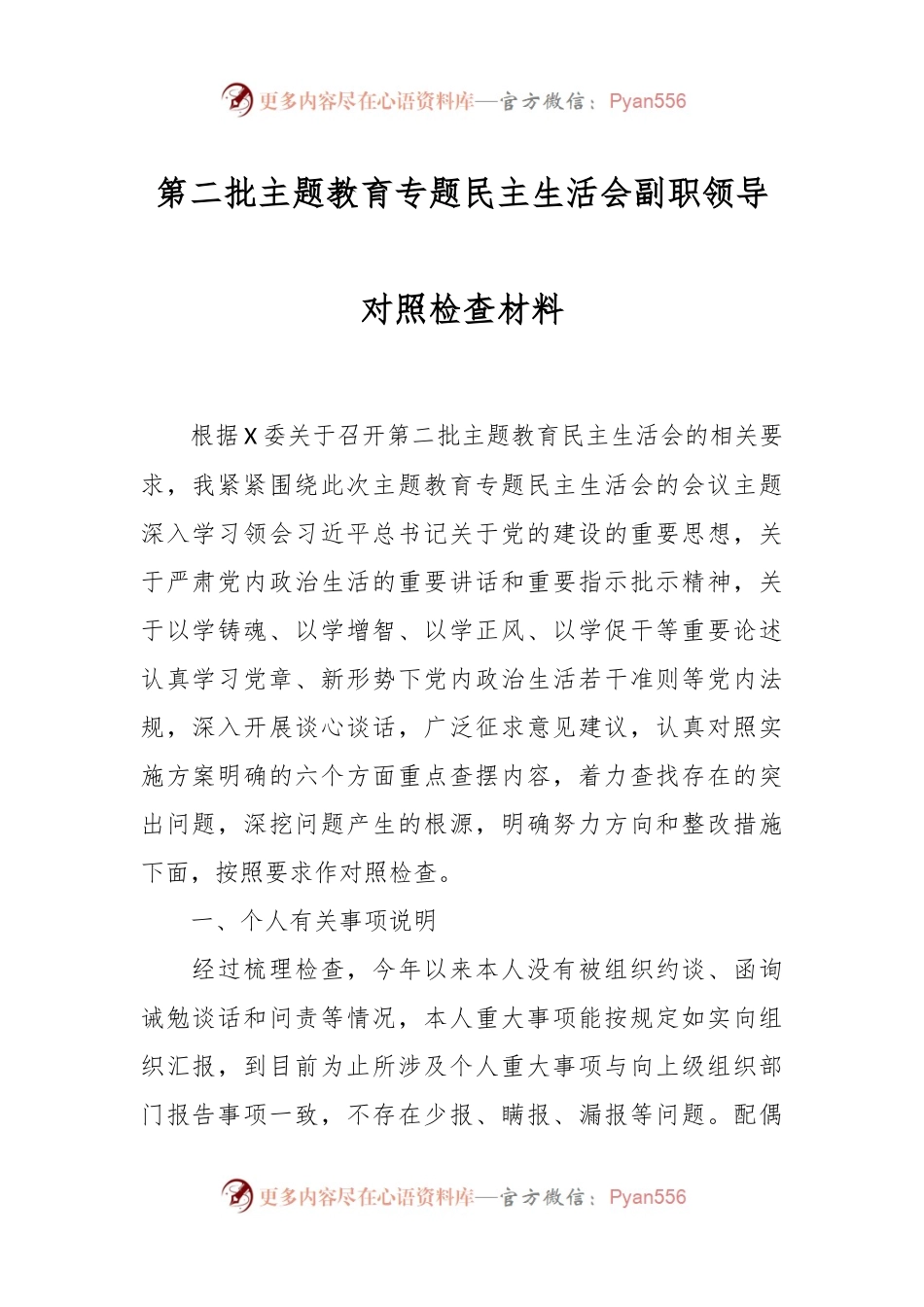 第二批主题教育专题民主生活会副职领导对照检查材料.docx_第1页