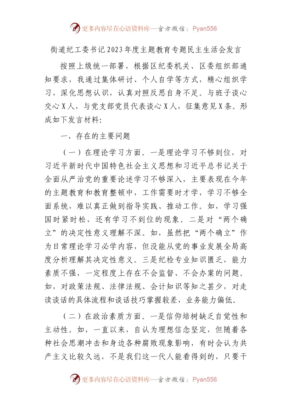 街道纪工委书记2023年度主题教育专题民主生活会对照检查3000字.docx_第1页