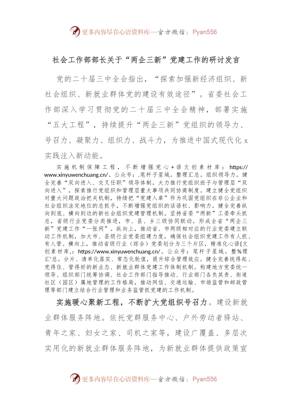 社会工作部部长关于“两企三新”党建工作的研讨发言.docx_第1页
