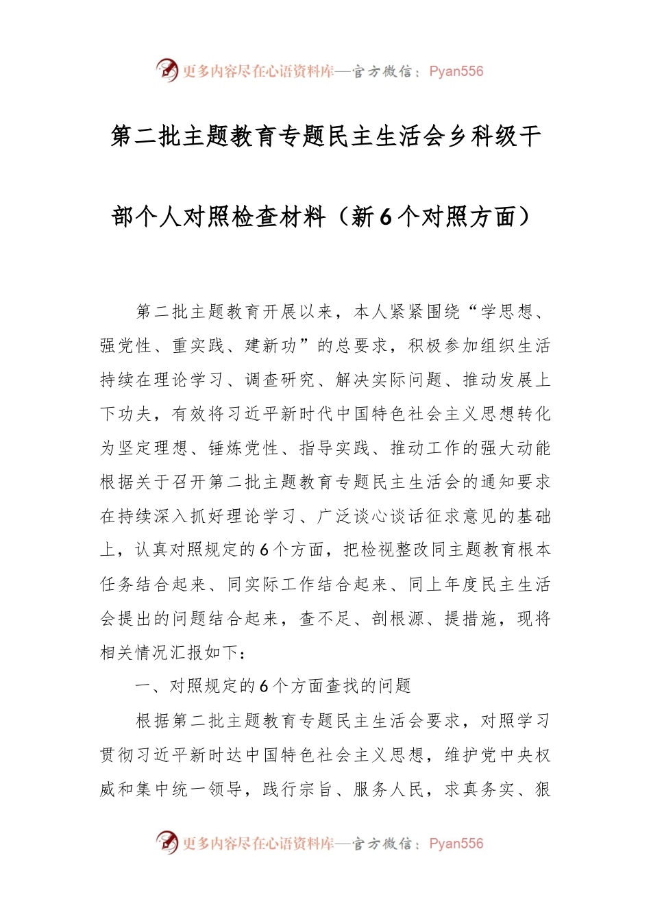 第二批主题教育专题民主生活会乡科级干部个人对照检查材料（新6个对照方面）.docx_第1页