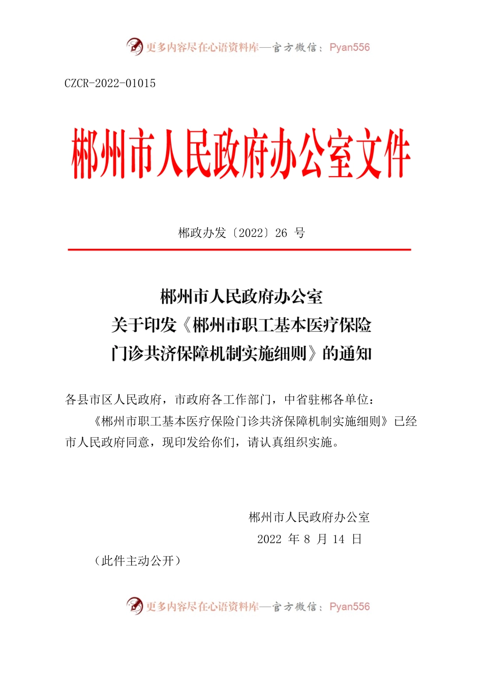 郴州市人民政府办公室关于印发《郴州市职工基本医疗保险门诊共济保障机制实施细则》的通知.docx_第1页