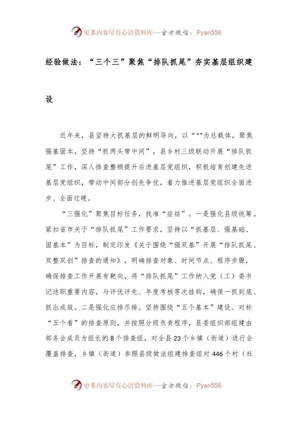 经验做法：“三个三”聚焦“排队抓尾”夯实基层组织建设.docx_第1页