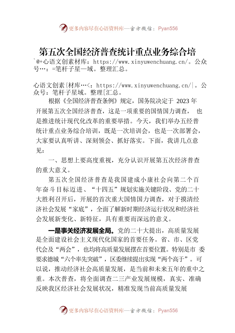 第五次全国经济普查统计重点业务综合培训大会上的讲话.docx_第1页