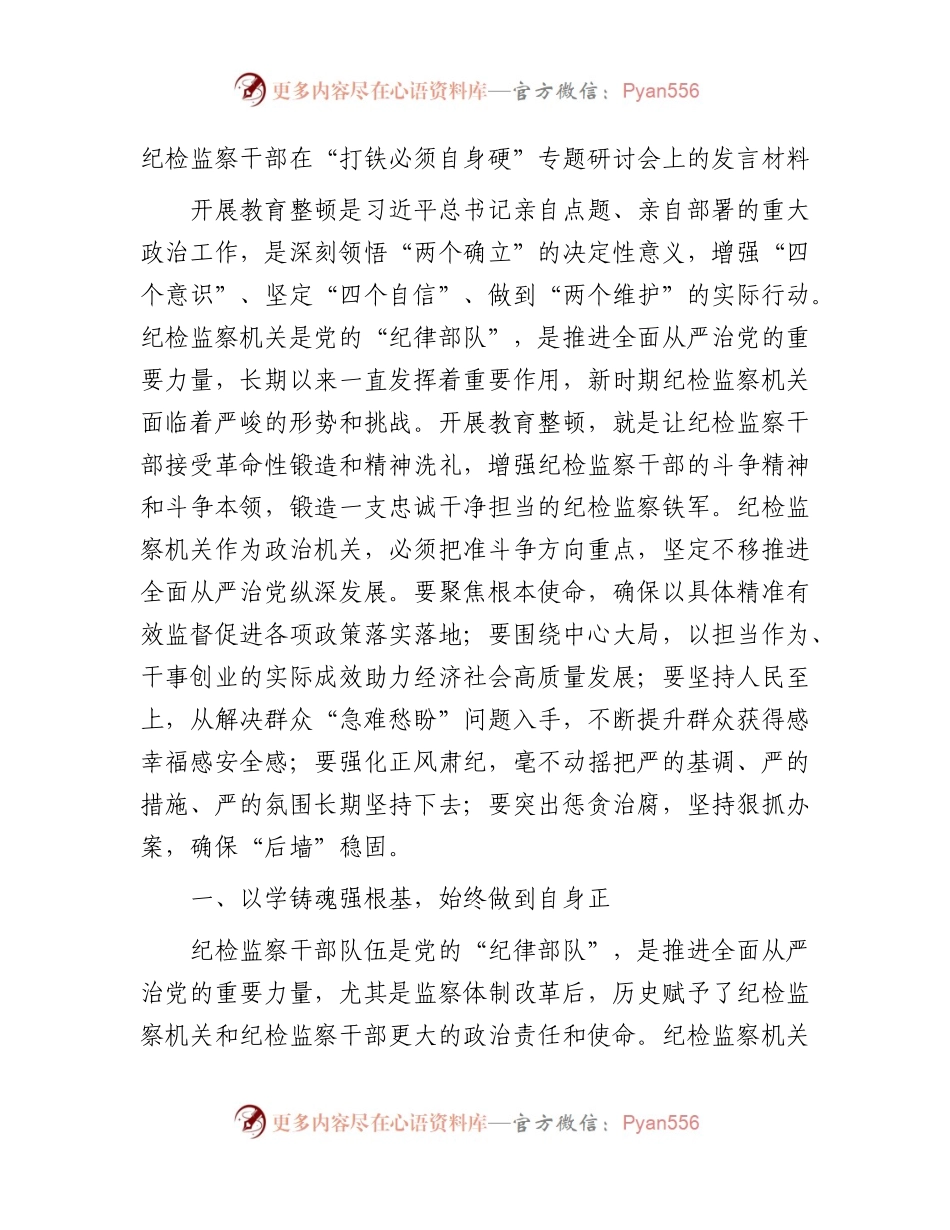 纪检监察干部在教育整顿“打铁必须自身硬”专题研讨会上的发言2700字.docx_第1页