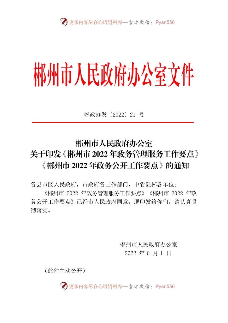 郴州市人民政府办公室关于印发《郴州市2022年政务管理服务工作要点》《郴州市2022年政务公开工作要点》的通知.docx_第1页