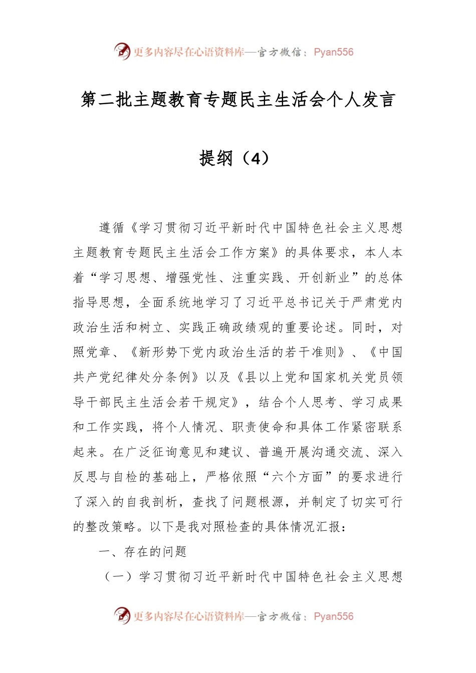 第二批主题教育专题民主生活会个人发言稿提纲（4）.docx_第1页