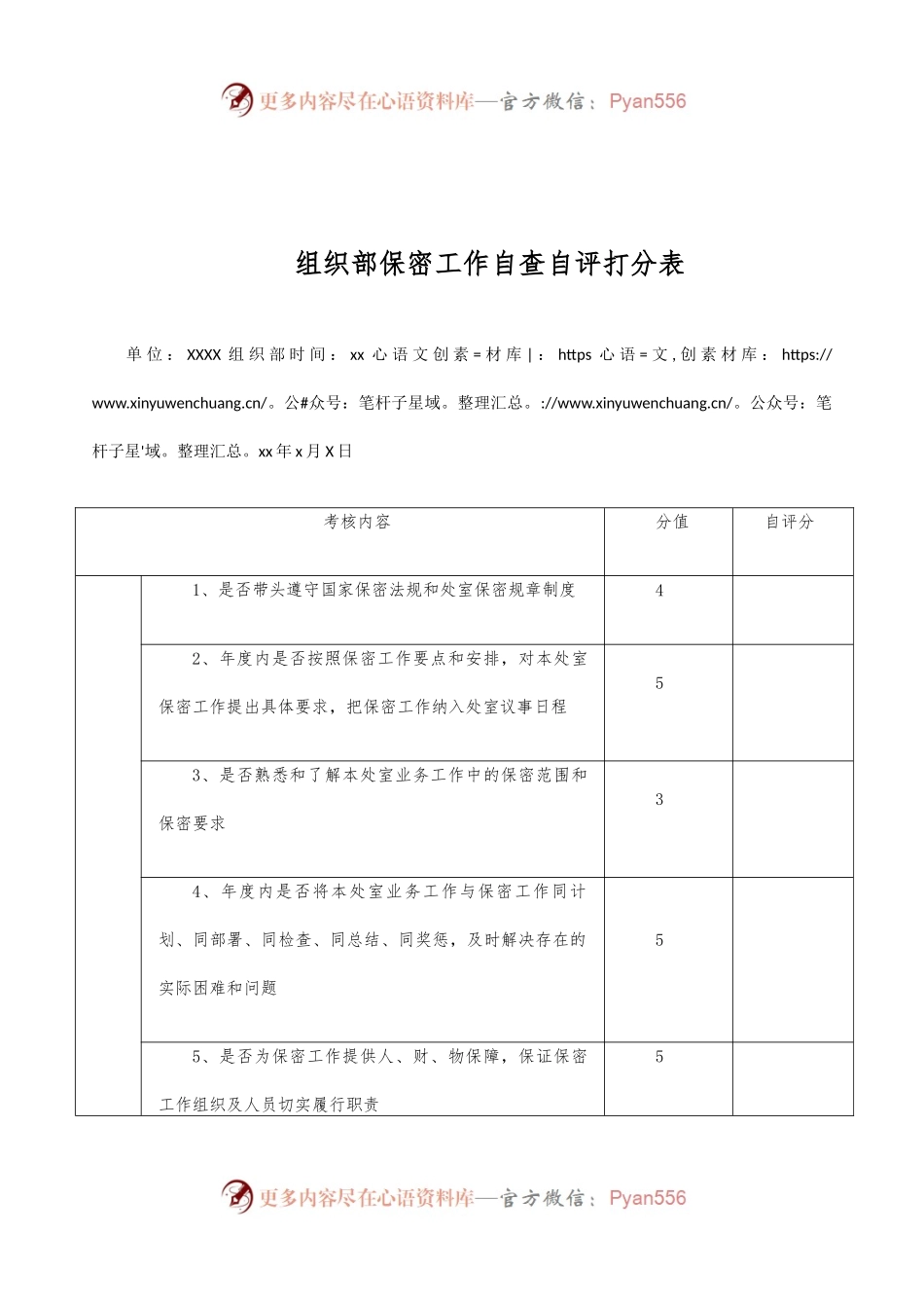 组织部保密工作自查自评打分表.docx_第1页