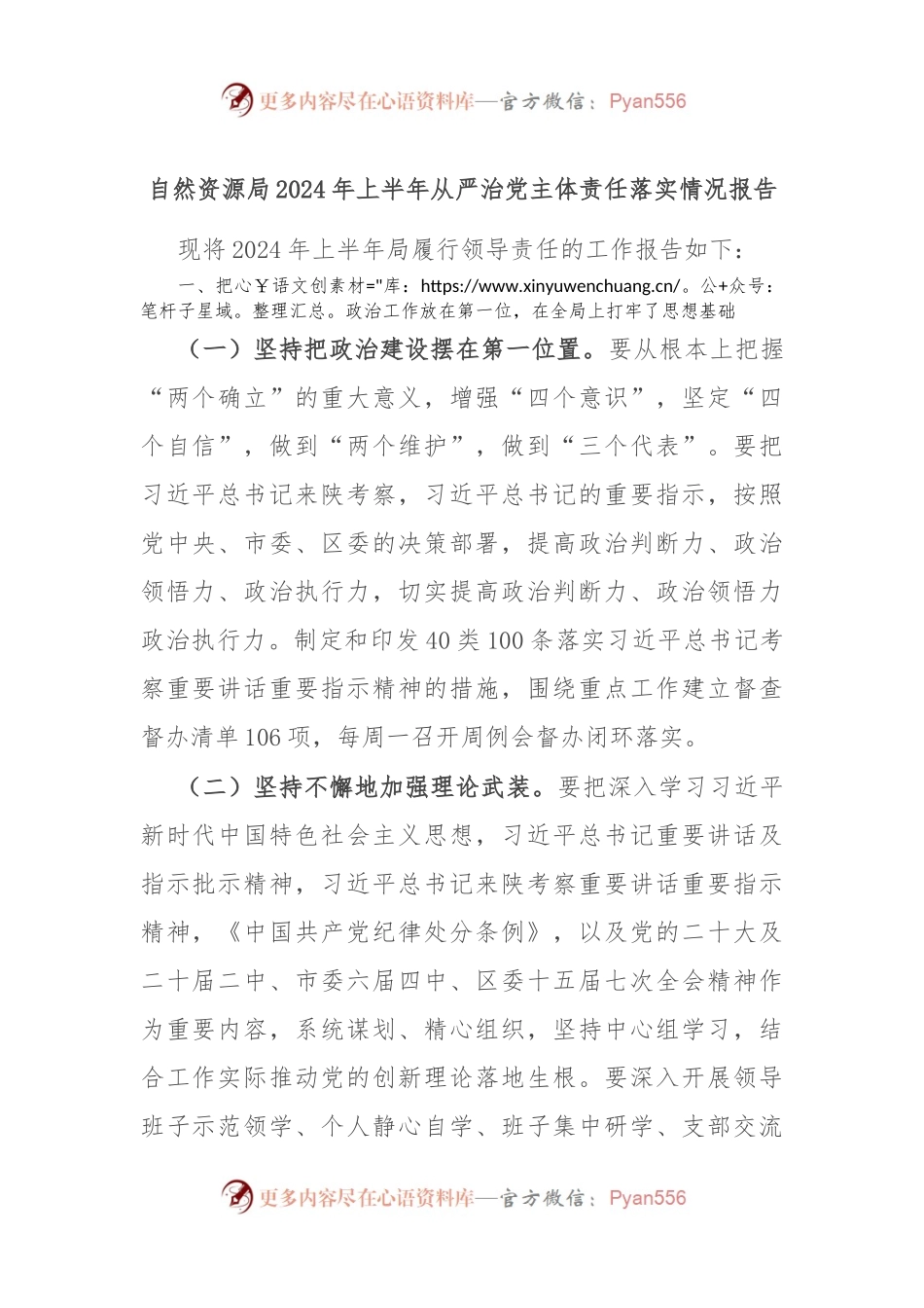 自然资源局2024年上半年从严治党主体责任落实情况报告.docx_第1页
