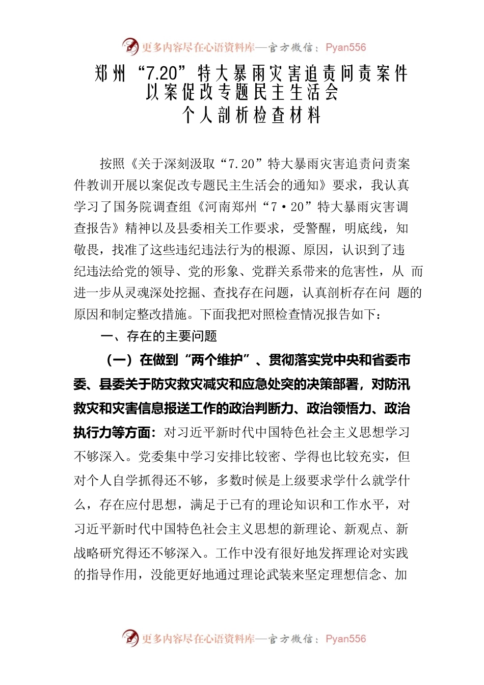 郑州“7.20”特大暴雨灾害追责问责案件以案促改专题民主生活会个人对照检查材料.docx_第1页