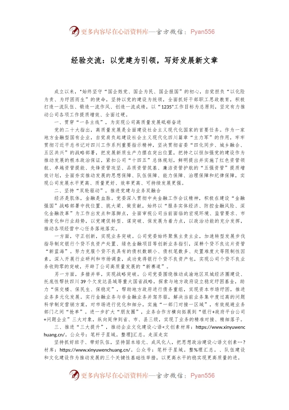 经验交流：以党建为引领，写好发展新文章.docx_第1页